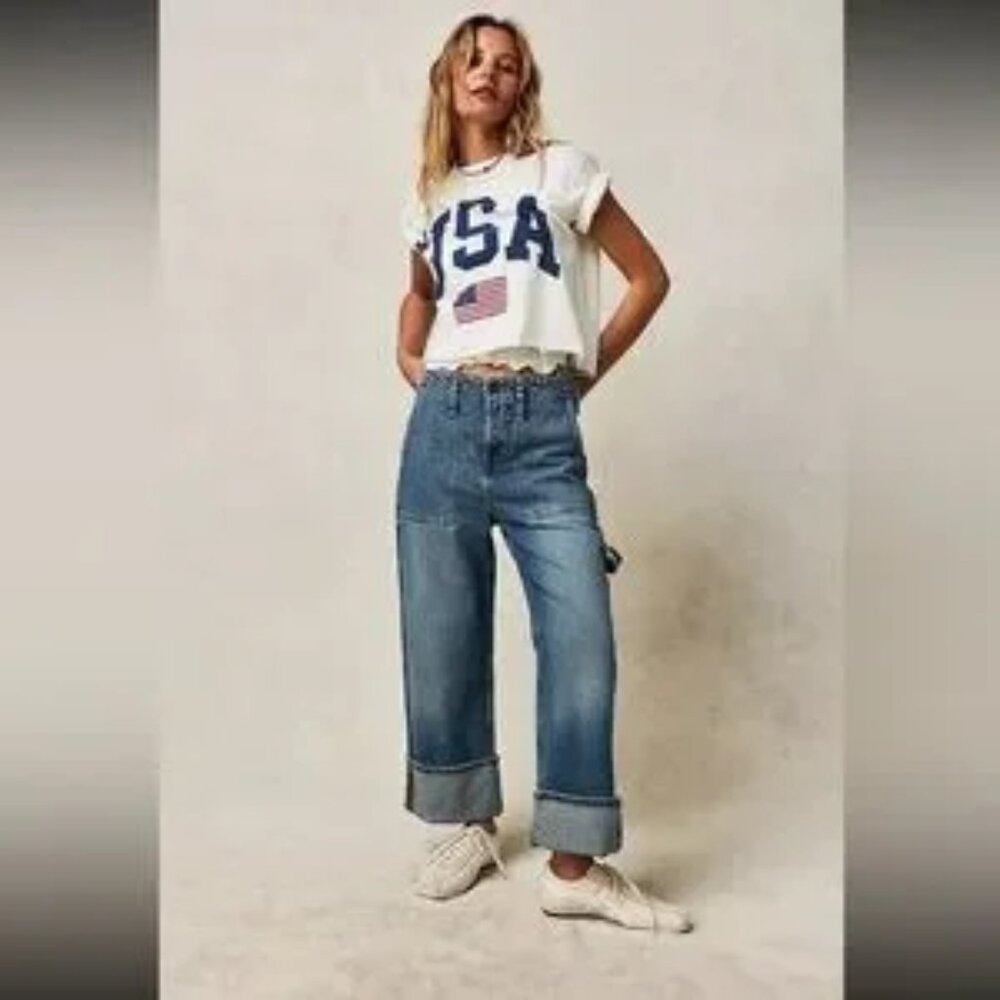 061 Free People Major Leagues Mid Rise Cuffed Jeans NWT Size 30 - Picture 2 of 3